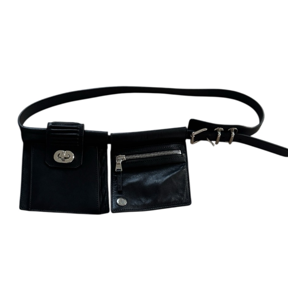 RARE Ralph Lauren Purple Label Black Leather Belt Bag Pouch Italy Silver L 33"